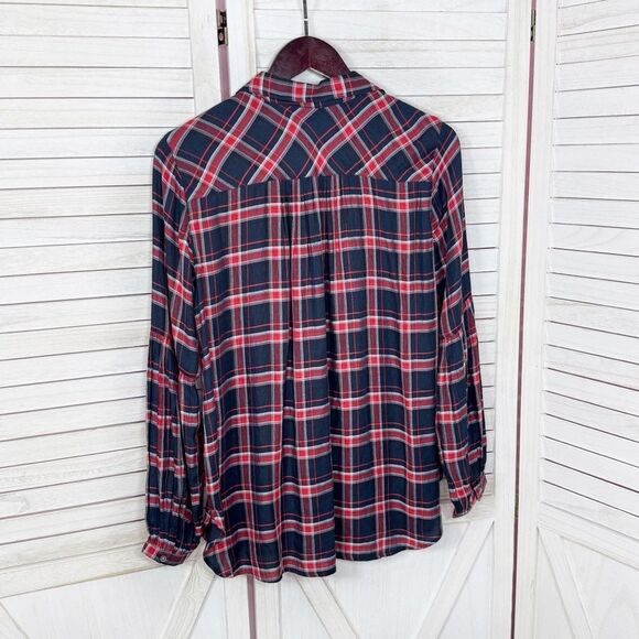 Loft Plaid Lightweight Bishop Sleeve Button Up Tunic Shirt Blue Red Small - Picture 10 of 14